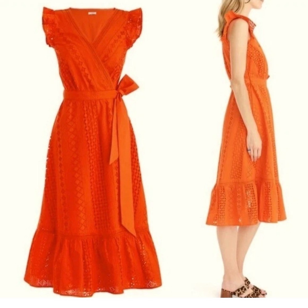 J Crew all over eyelet midi wrap dress resort orange 0 somerset